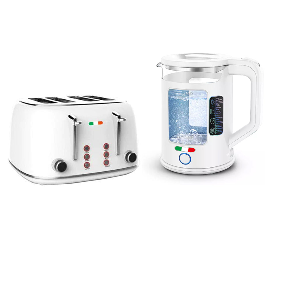 Vintage 4 Slice Toaster & 1.7L Glass Kettle Set - White Modern Design - LED, Browning Control, Keep Warm - Chrome Trim - Stylish Kitchen Combo Vintage 4 Slice Toaster & 1.7L Glass Kettle Set - White Modern Design - LED, Browning Control, Keep Warm - Chrome Trim - Stylish Kitchen Combo